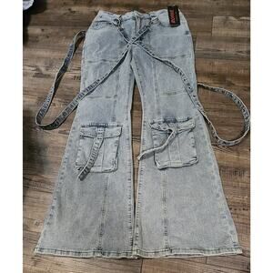 Romwe Women’s Rave Jeans Size L 8/10 Strappy Light Blue Denim 2073